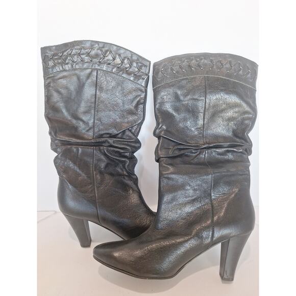 Newport News Black Leather Slouch Heeled Boots Women’s 10B Pointed Toe - Picture 1 of 5